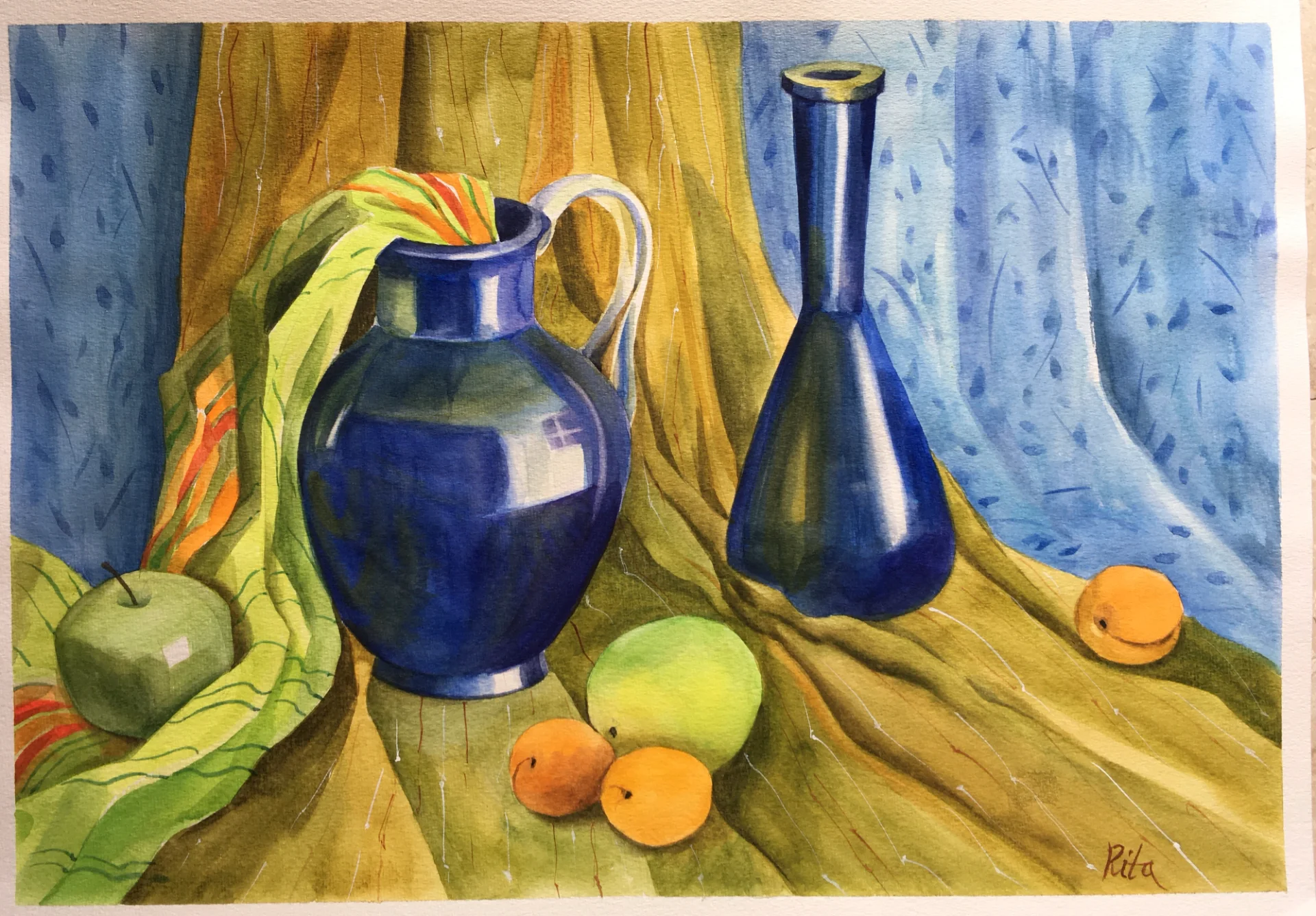 Blue jug and apples