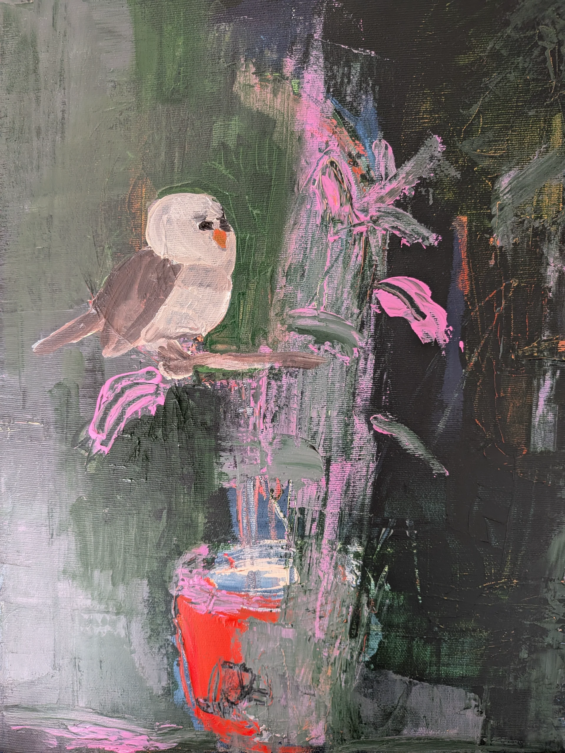 Bird Among Pink Leaves