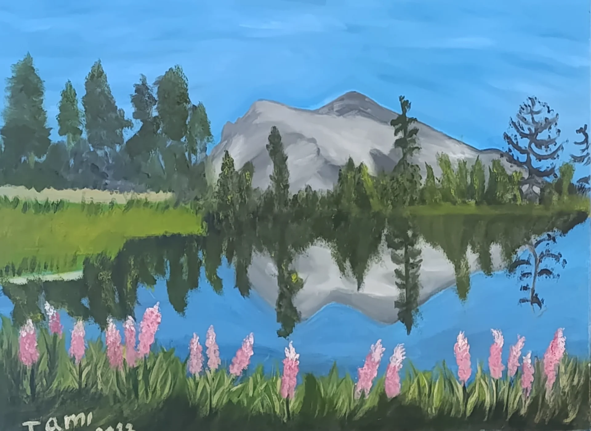 Mountain Reflection in the Sea with Pink Flowers