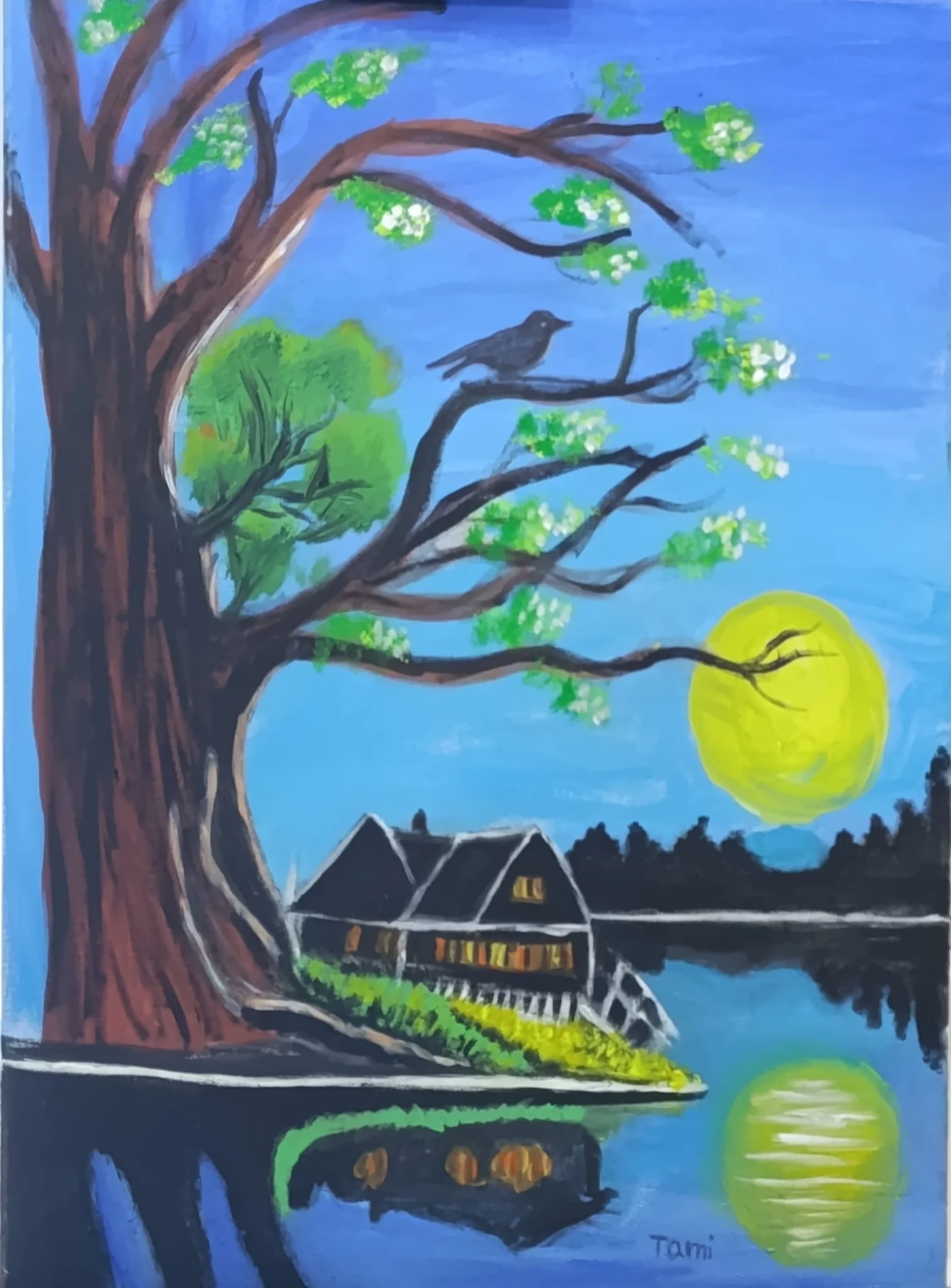 Sunset by the Sea with a Bird on the Tree