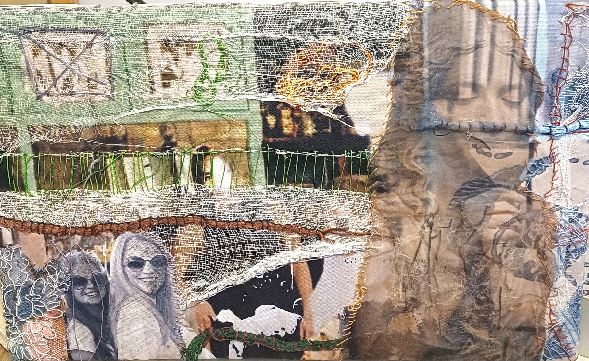 Echoes of urban restaurants and cafes. Mixed media collage on canvas โ acrylic painting, processed photography, textile fragments,